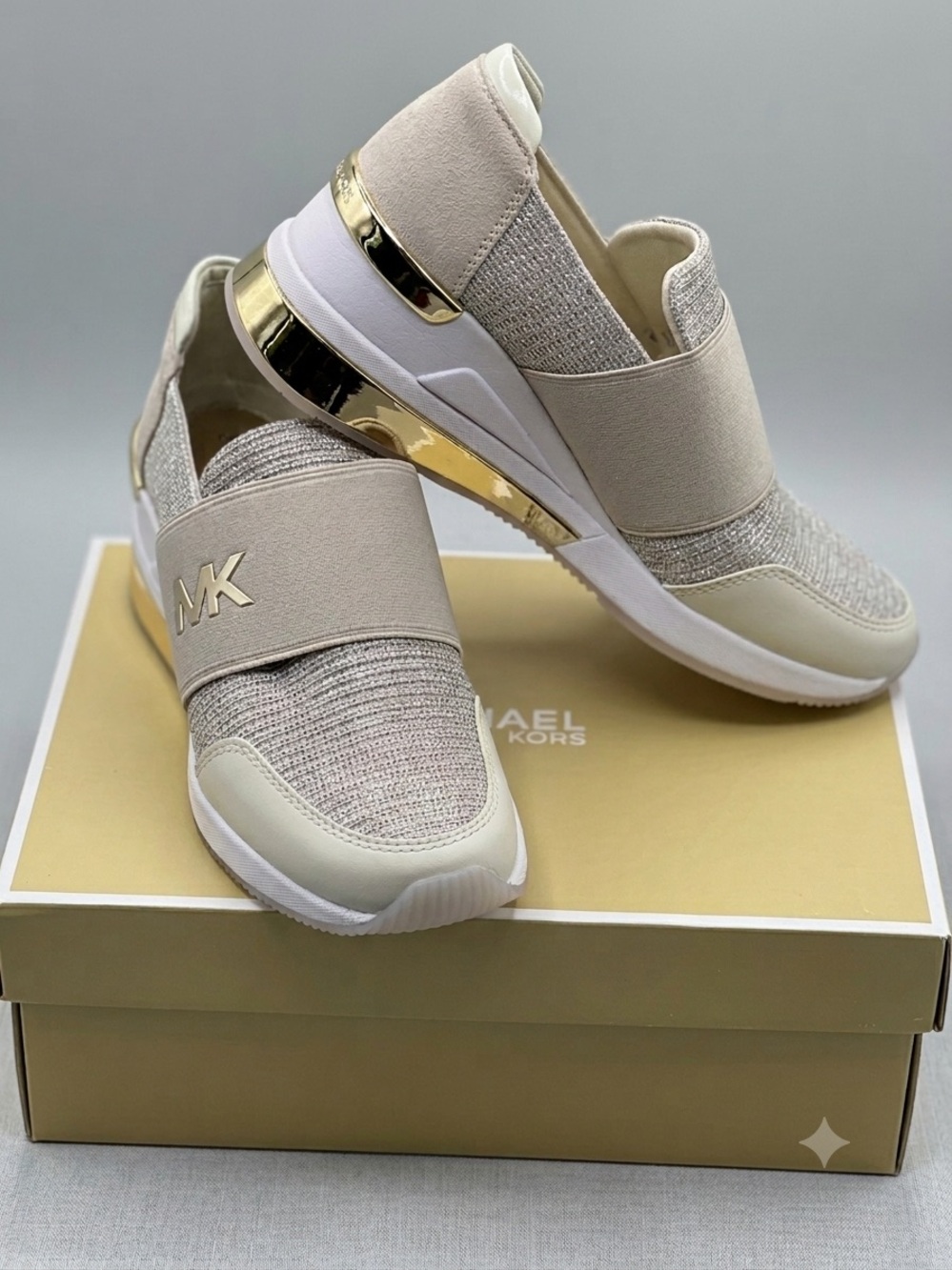 Michael Kors Women's Slip-On Sneakers in Taupe with Gold Accent size 8